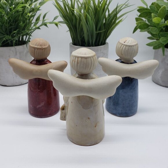 Ceramic or Pottery Red Cream Blue Vintage 3pc Angel Set - Picture 9 of 11